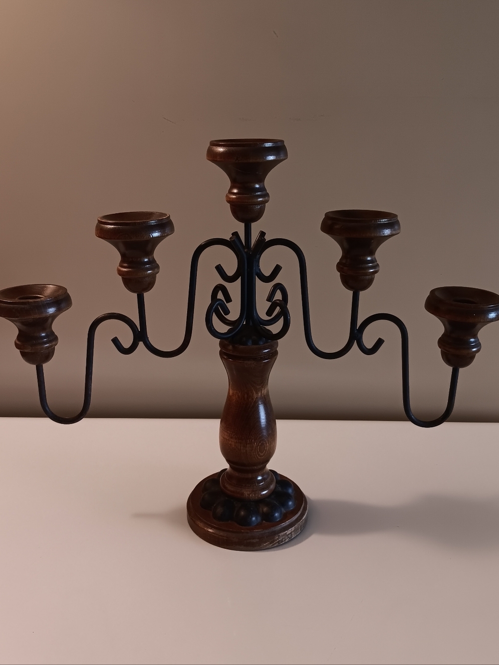 Vintage MCM 60's Wrought Iron And Wood Candelabra. 15"H X 18 1/2" W